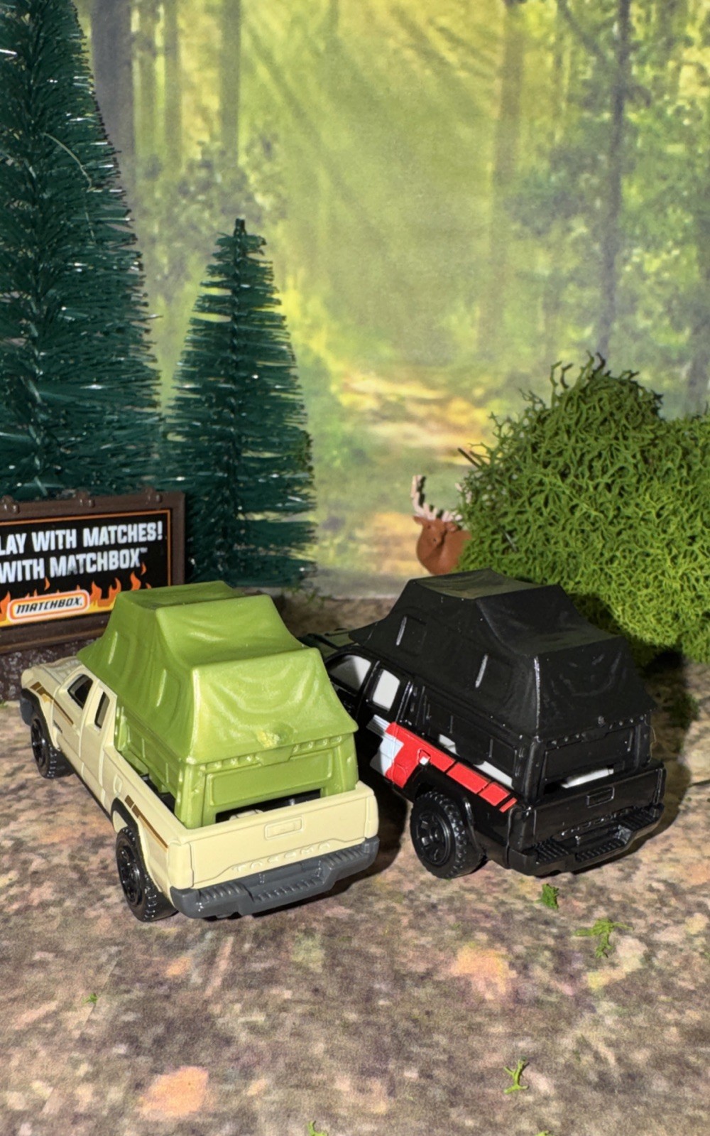 Lot Of 2 Toyota Tacoma Matchbox w/ Removable Camp Tent Black & Tan NLFFP 1:64 DC