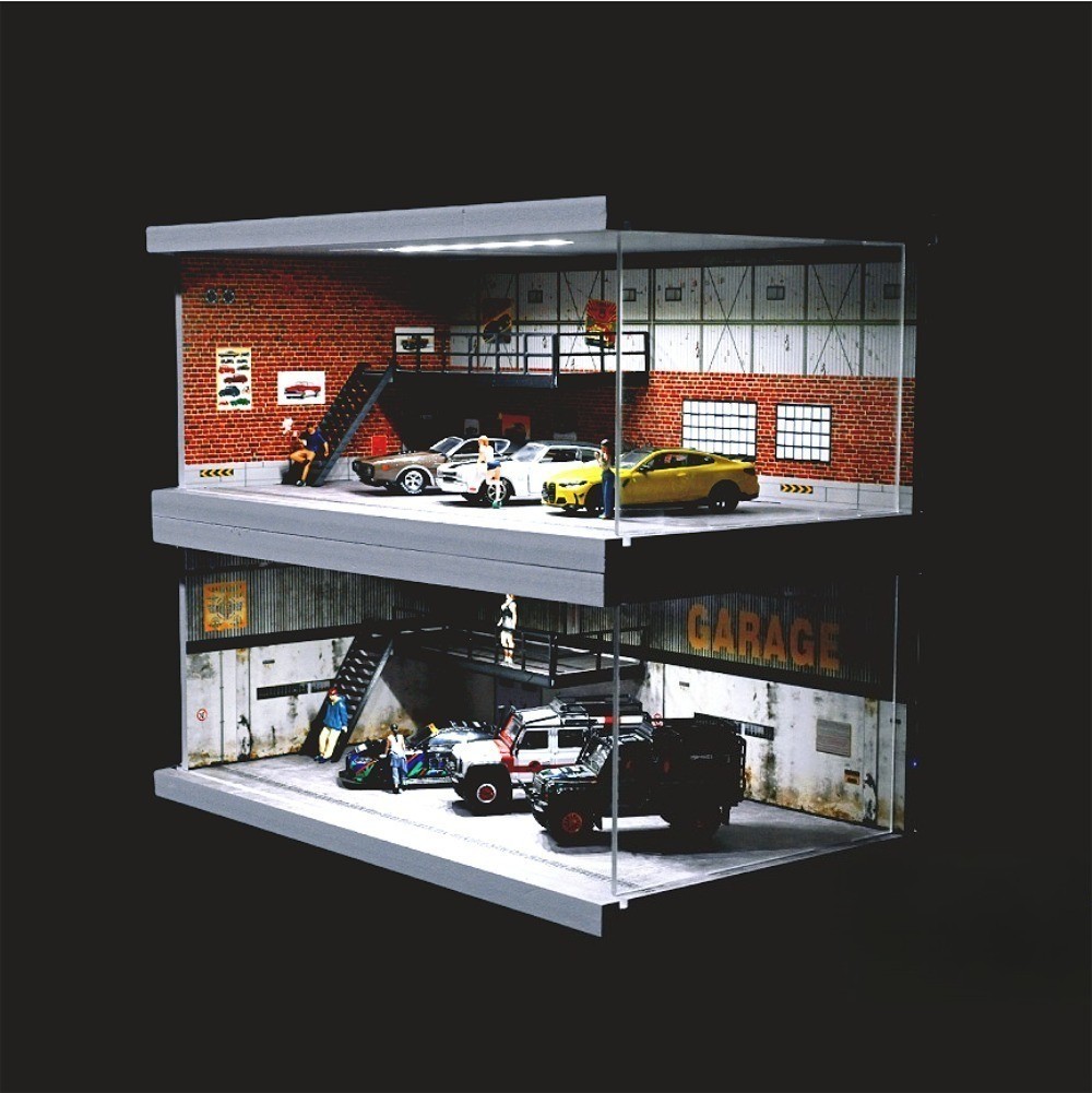 Diorama 1/64 Car Garage Model LED Lighting City Repair Parking Lot Scene Model