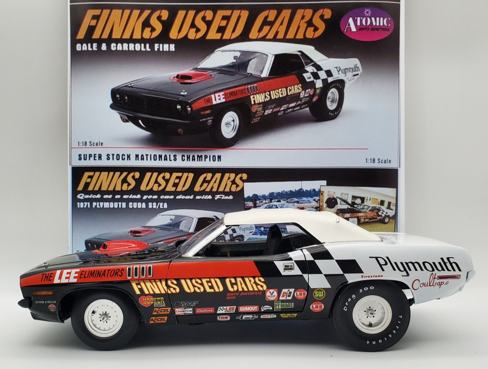 FINKS USED CARS SUPER STOCK 1:18 CUDA SS/EA 426 HEMI ATOMIC A1806130AA BRAND NEW