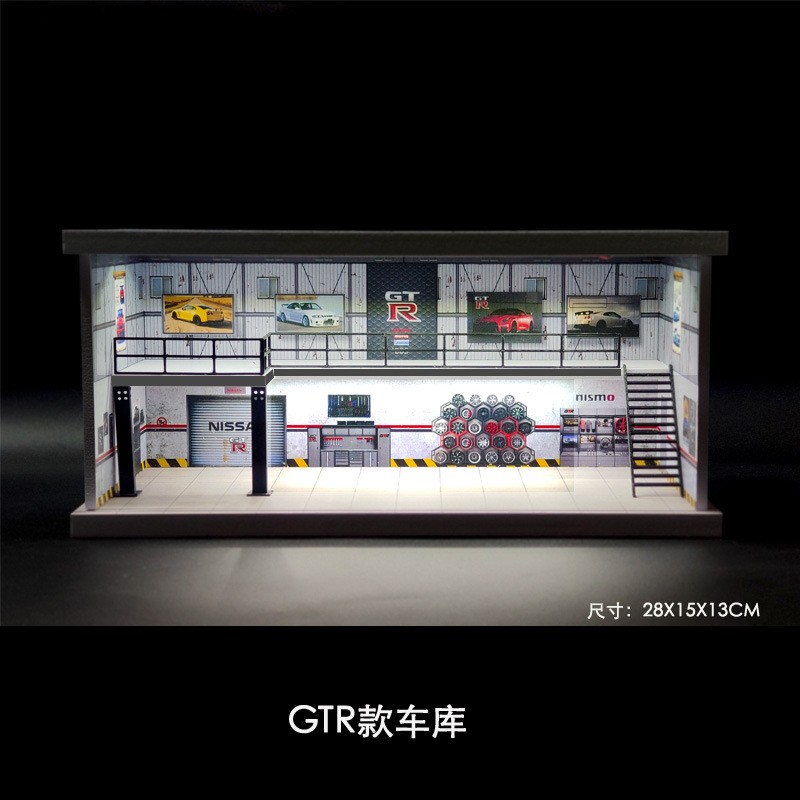1/64 Car Garage Diorama Model LED Lighting Repair Workshop Scene Display Case US