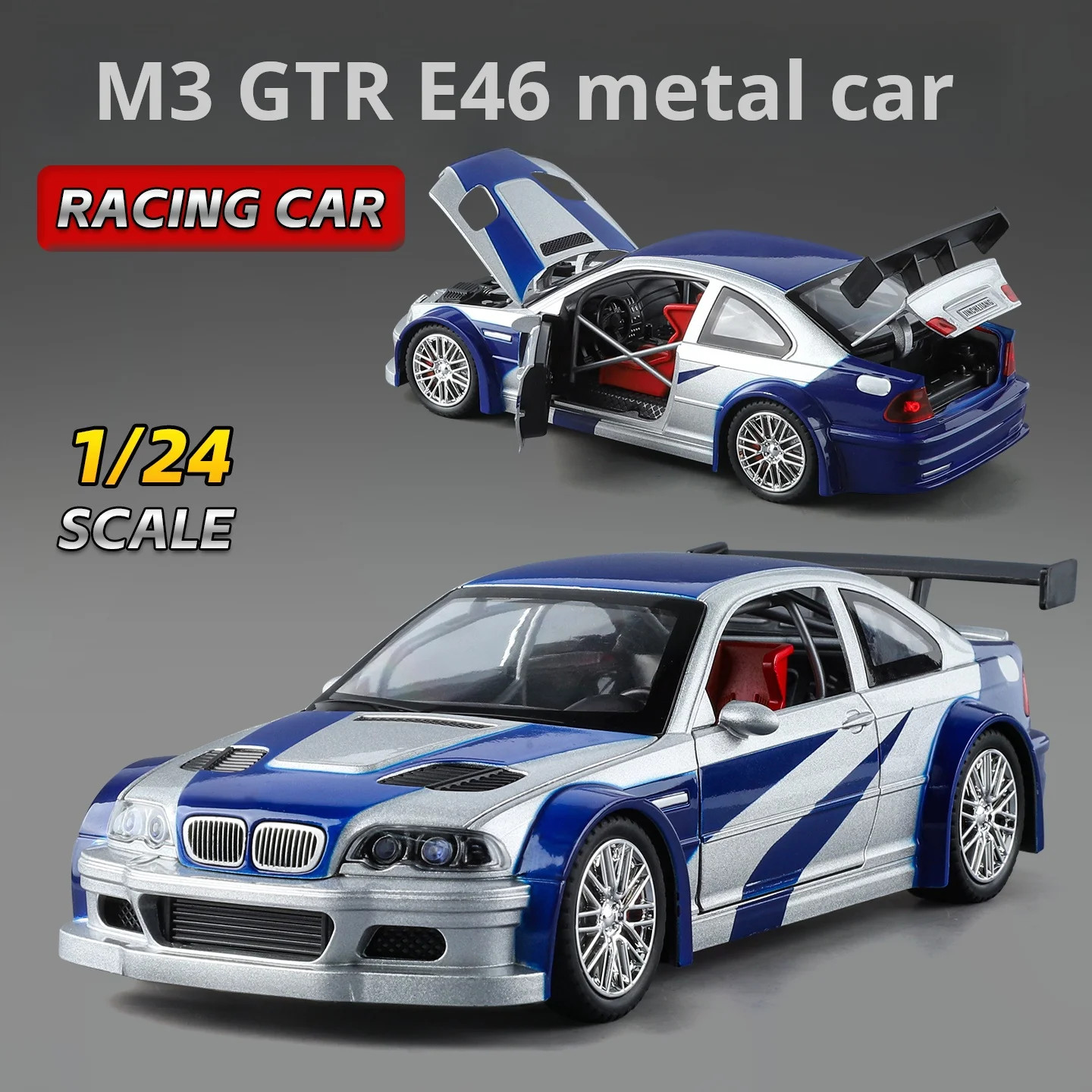 1:24 BMW M3 GTR E46 Alloy Muscle Diecast Car Model Sound Light Birthday Gift Toy