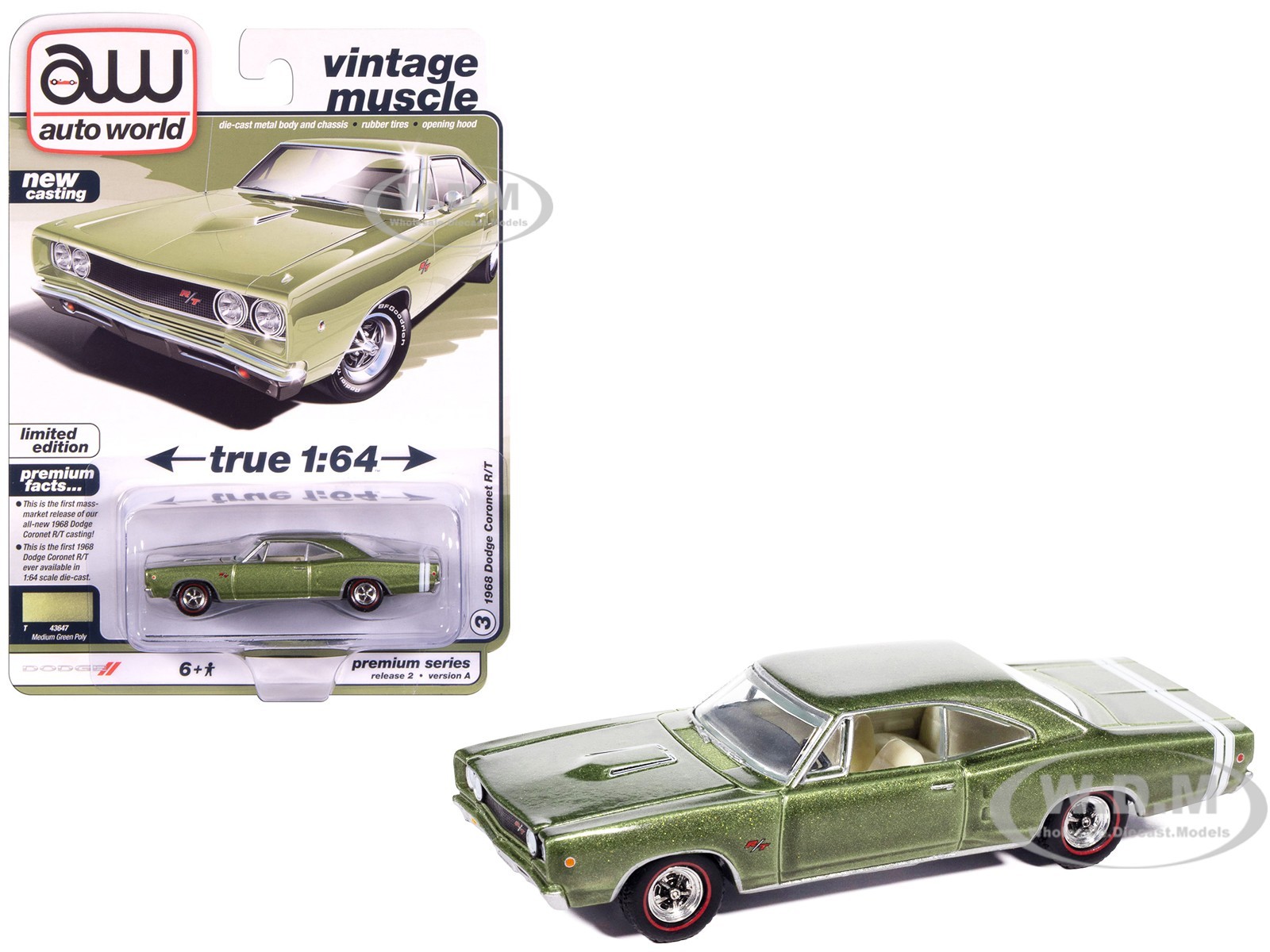 1968 DODGE CORONET R/T MEDIUM GREEN 1/64 DIECAST BY AUTO WORLD 64512-AWSP194 A
