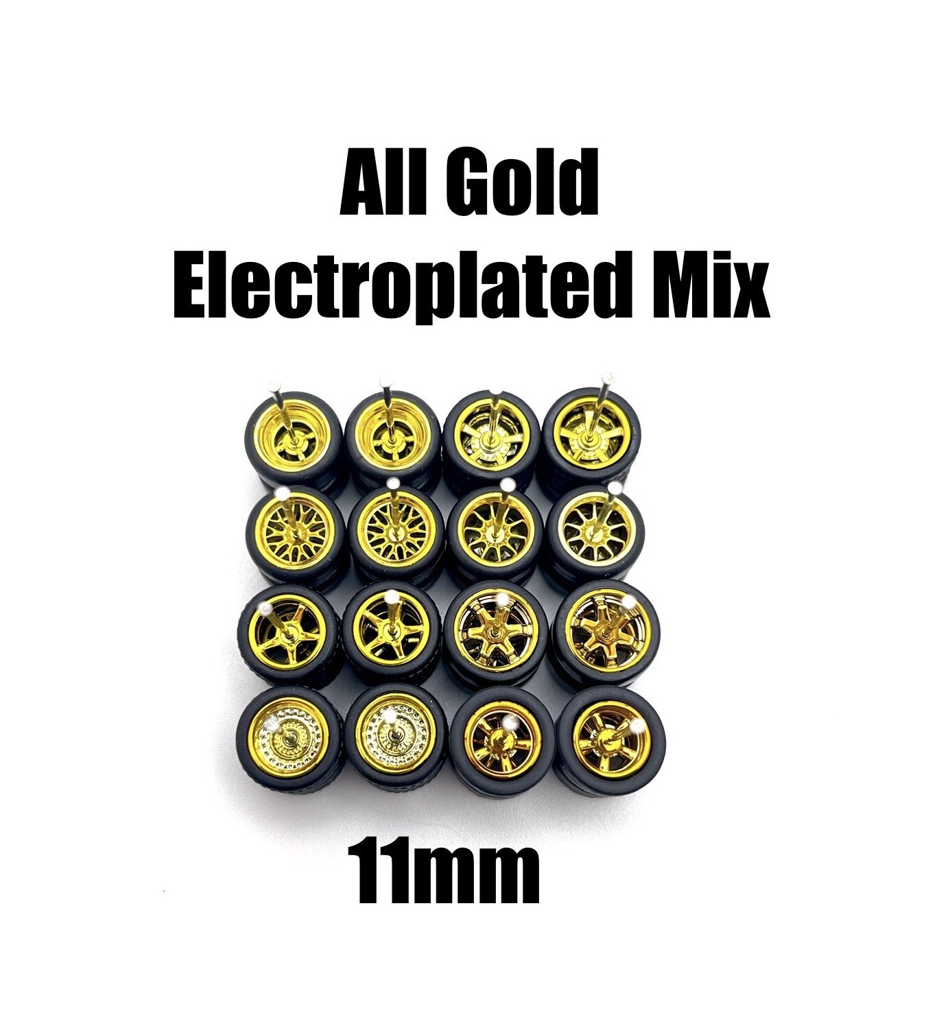10 Sets Variety Gold Electro 11mm Real Rider Wheels w/ Rubber Tire Set For 1/64