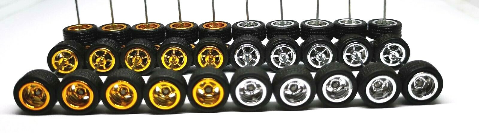 Hot Wheels 5 Spoke Rubber Tire – 10 sets JDM (2 colors MIX 5 Gold + 5 Chrome)
