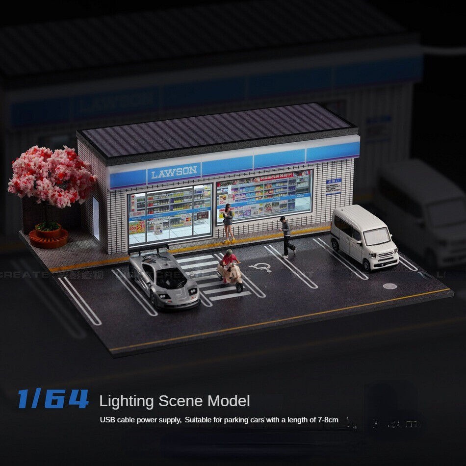 1/64 Diorama Diecast Car Garage Model LED City Street Convenience Scene Models
