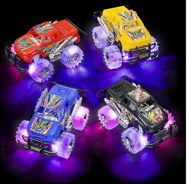 Light Up Monster Truck Toys 4 Pack Push-&-Go Cars with Glowing Wheels – Ages 3+