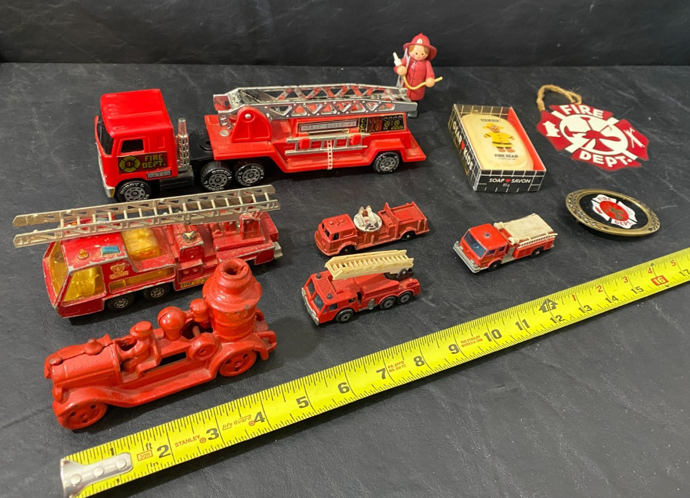 fire department collectibles cast iron Matchbox w/ belt buckle figure and more!