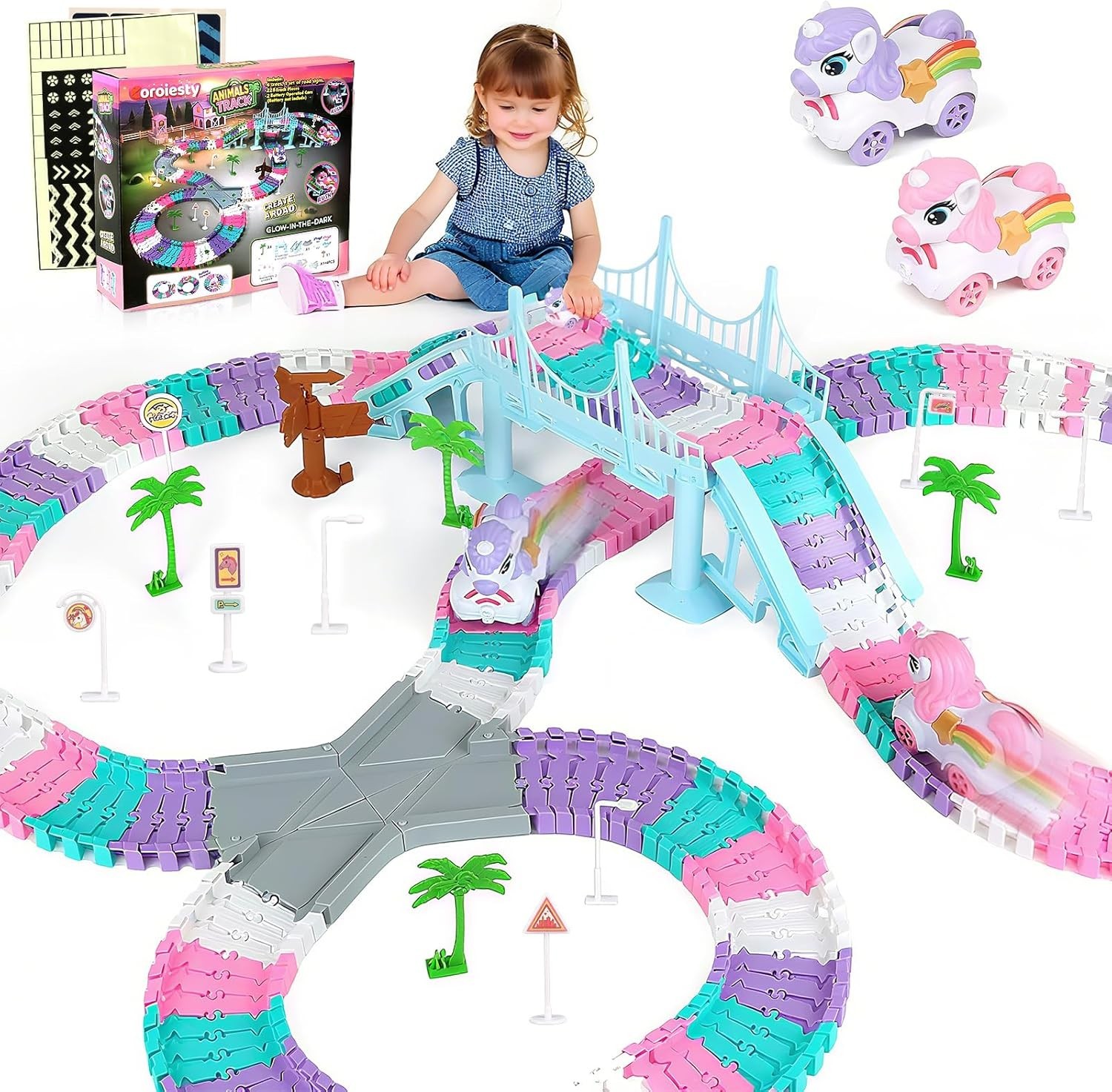 268 PCS Unicorn Race Tracks for Kids Toys, Glow in The Dark Magic Toy Set, 2 …