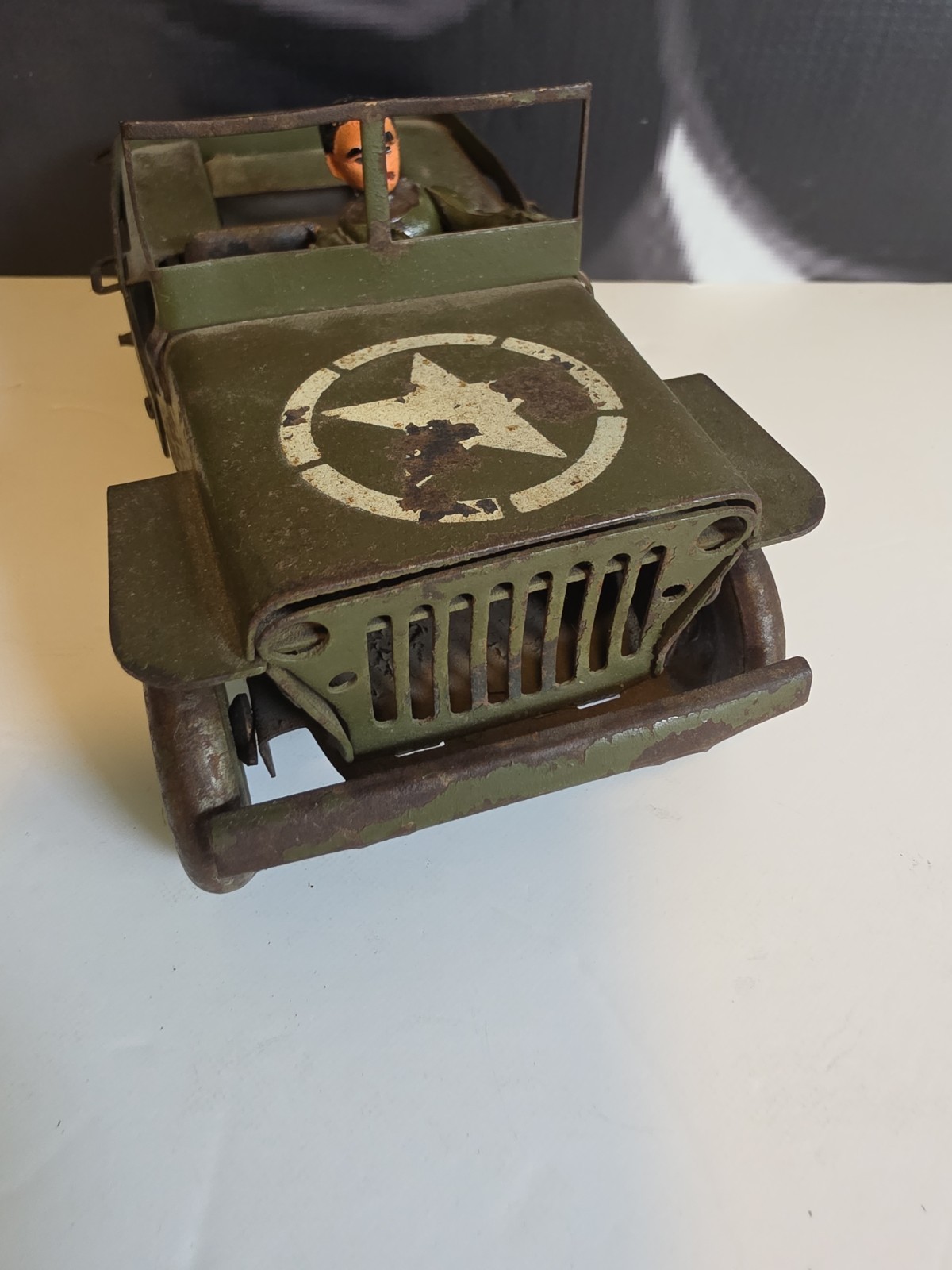 Vintage Pressed Steel Willys Jeep Military Toy w/ Driver France? 1940s 1950s