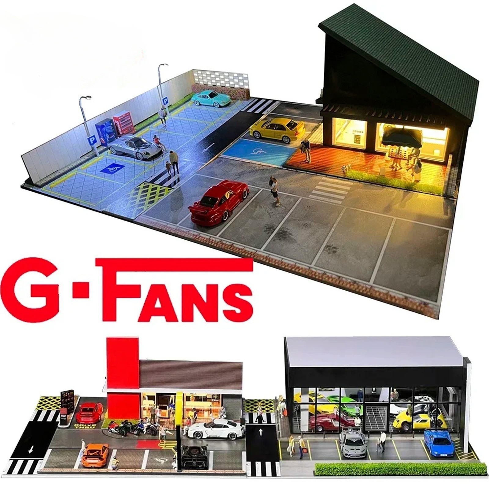 Diorama 1/64 Die-Cast Car Garage Model LED Lights Street Building Display Scene