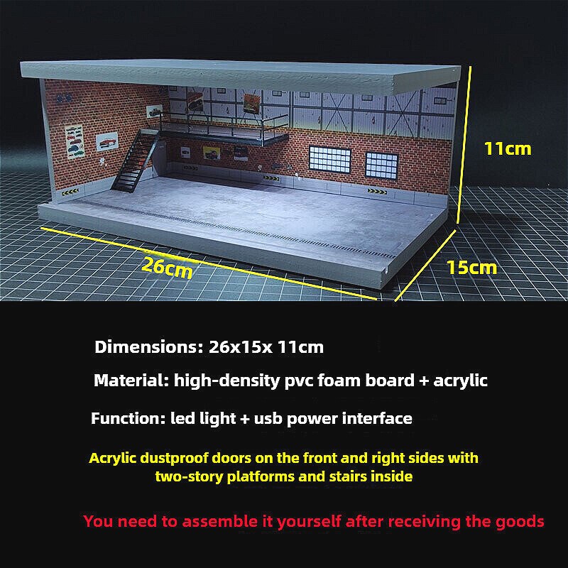 Diorama 1/64 Car Garage Model LED Lighting City Repair Parking Lot Scene Model