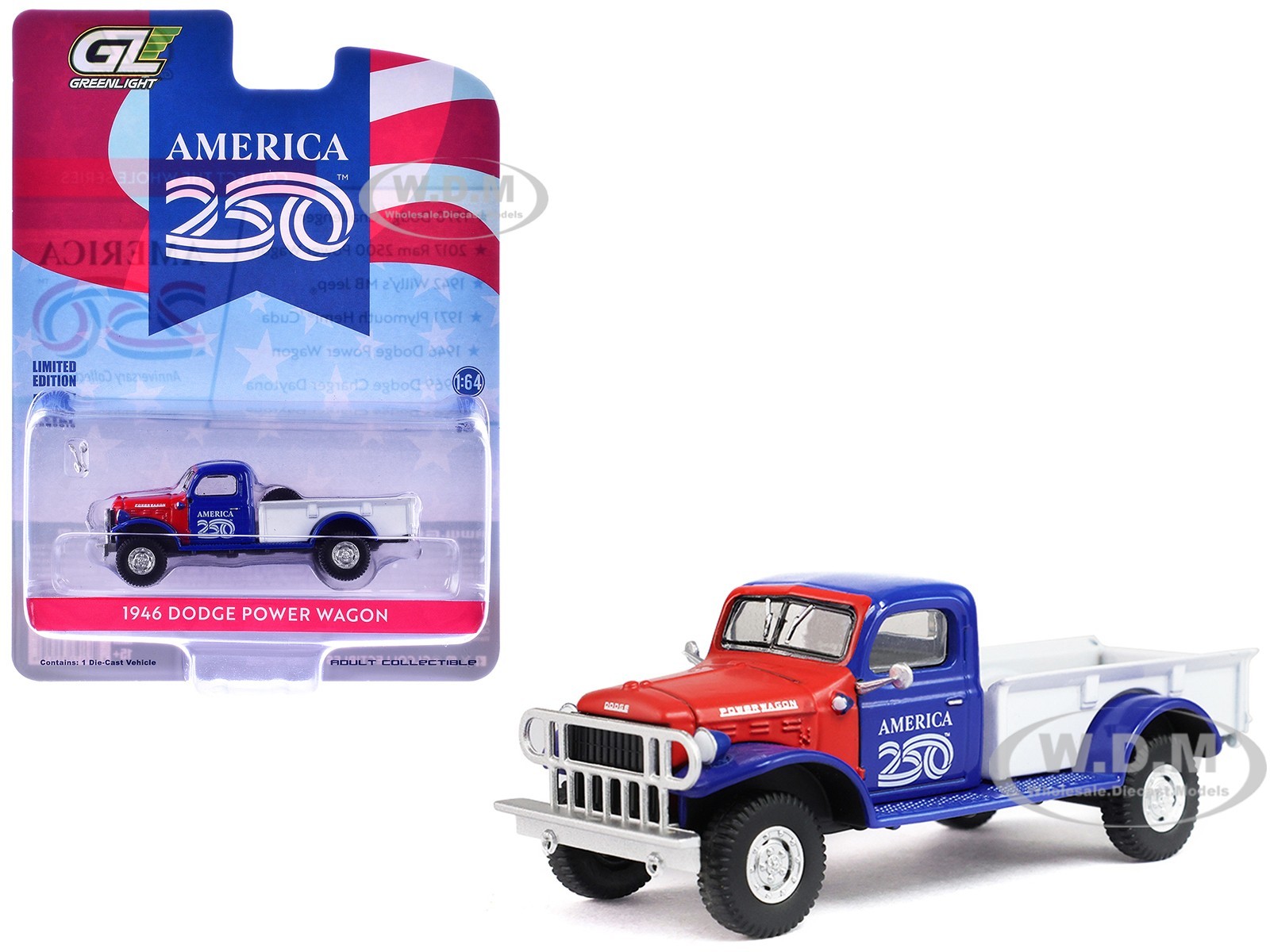 1946 DODGE POWER WAGON PICKUP “AMERICA 250” 1/64 DIECAST BY GREENLIGHT 28180 E