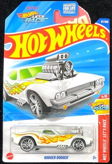 Hot Wheels Rodger Dodger & 2.0 2025, White With Flames,Netflix Let’s Race 2 Cars