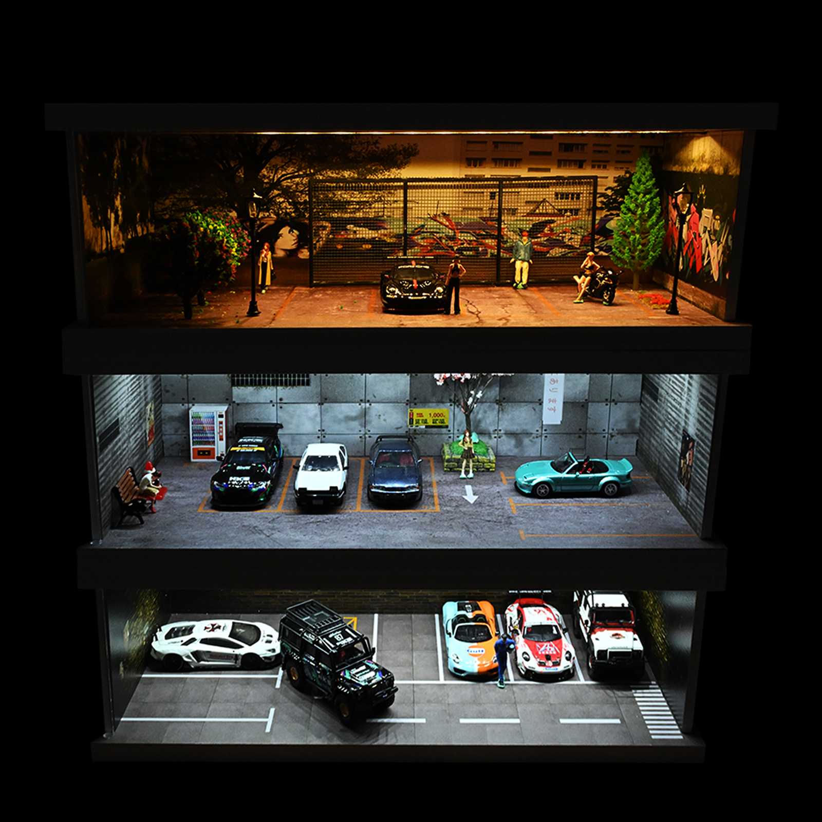 1:64 Diorama Car Garage Model LED Lighting Car Model Display Cabinet Scene Model