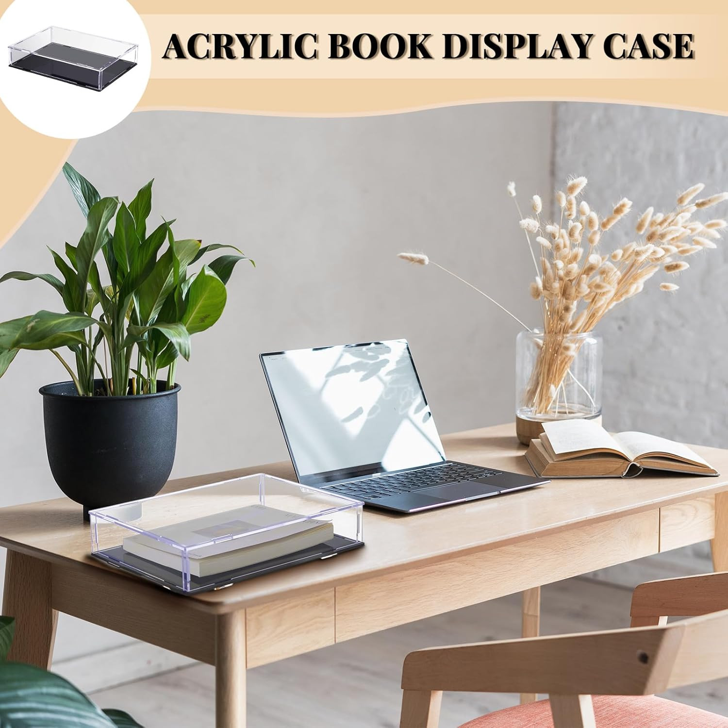 2 Pcs Book Display Case Clear Acrylic Box Book Protector Case with Black Base, S