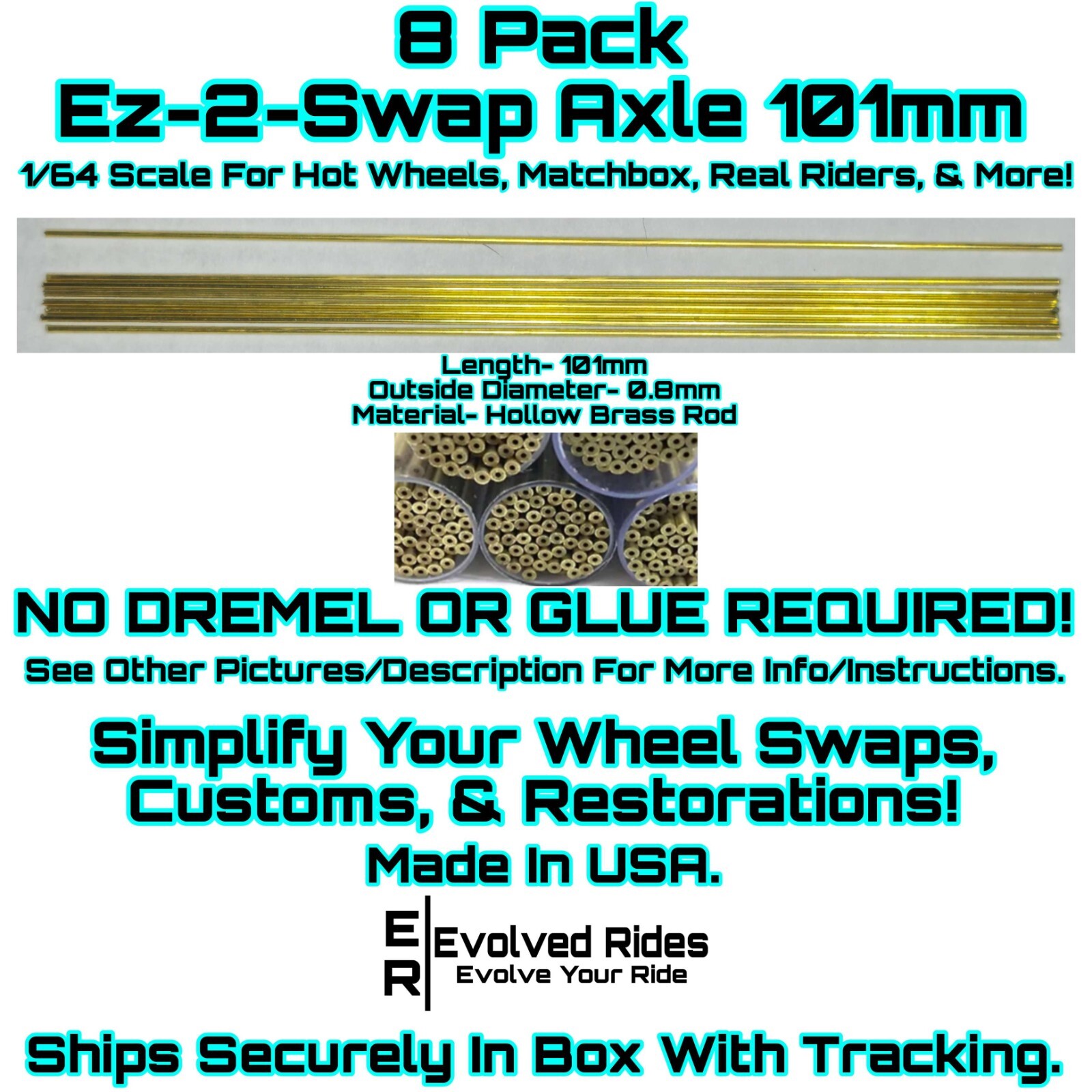 Ez-2-Swap Axle 8Pk 101mm Hot Wheels Matchbox 1/64 Scale Custom Real Riders