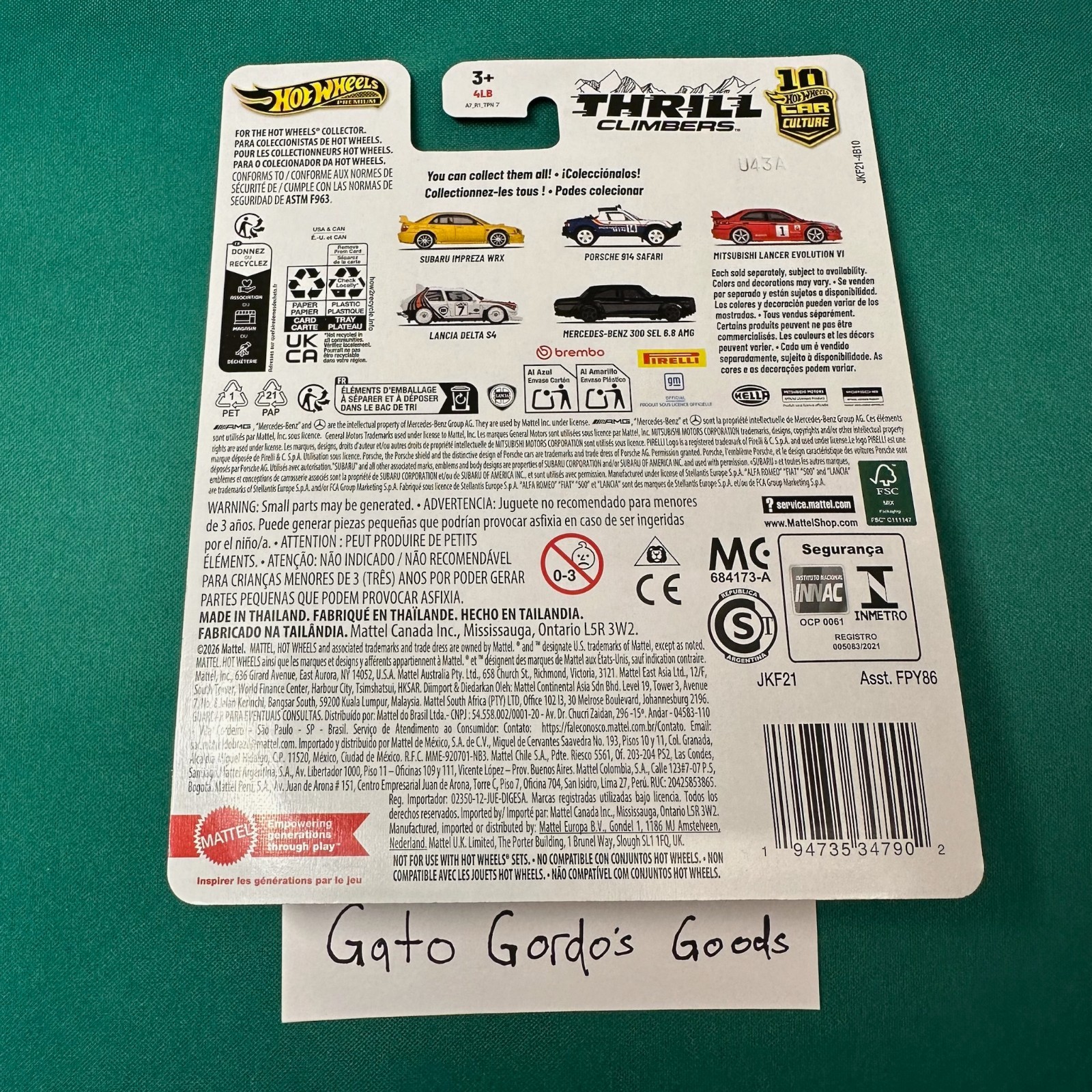 Hot Wheels Subaru Impreza WRX STi Yellow Thrill Climbers FPY86-961 Q 1/64