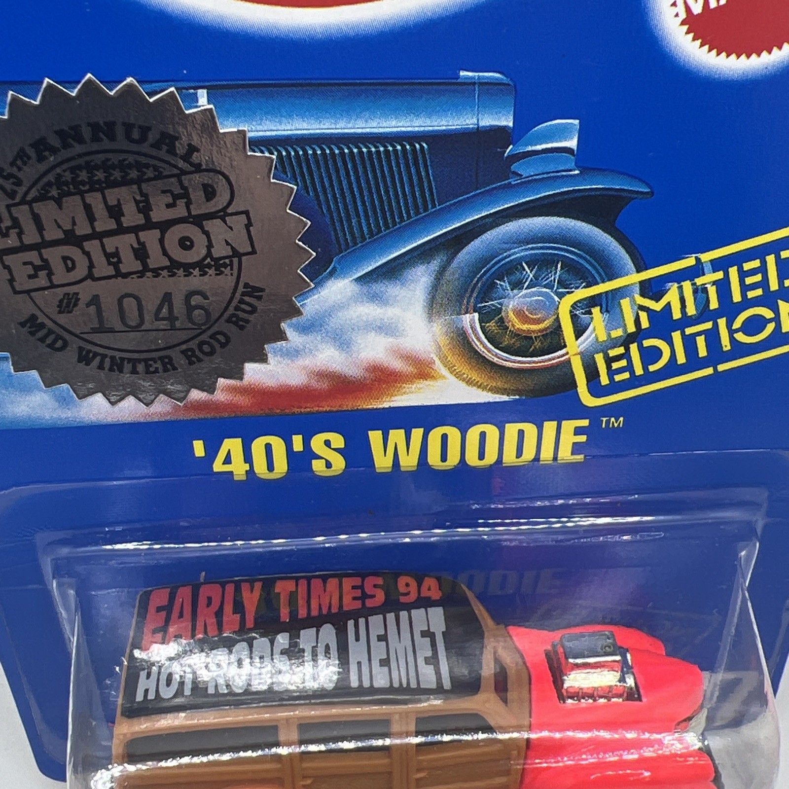 Hot Wheels 1940s Woodie 25th Annual Mid Winter Rod Run #11896 NRFP 1991 Neon Red
