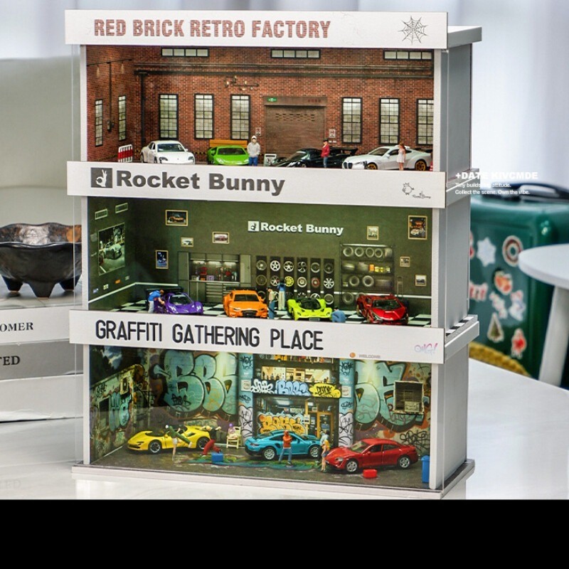 1/64 Diecast Parking Lot Garage Model LED Street Building Scene Display Case