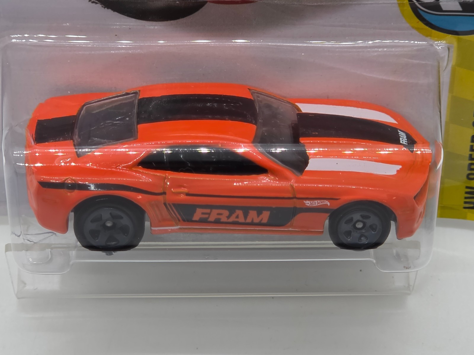 Hot Wheels ’13 Chevrolet COPO Camaro FRAM Orange Speed Graphics 4/10 Sealed