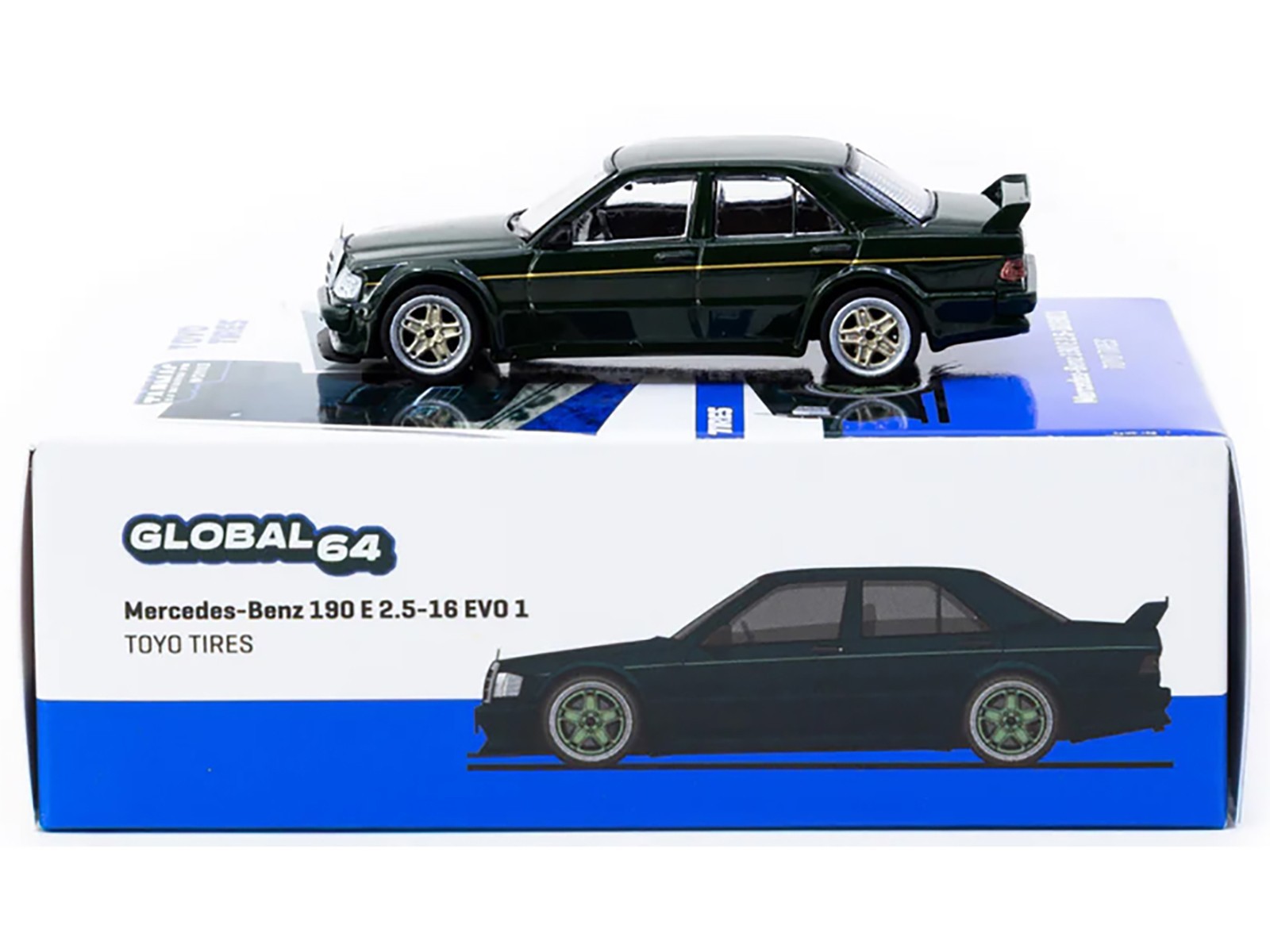 MERCEDES-BENZ 190 E 2.5-16 EVO 1 DARK GREEN 1/64 BY TARMAC WORKS T64G-057-TOYO