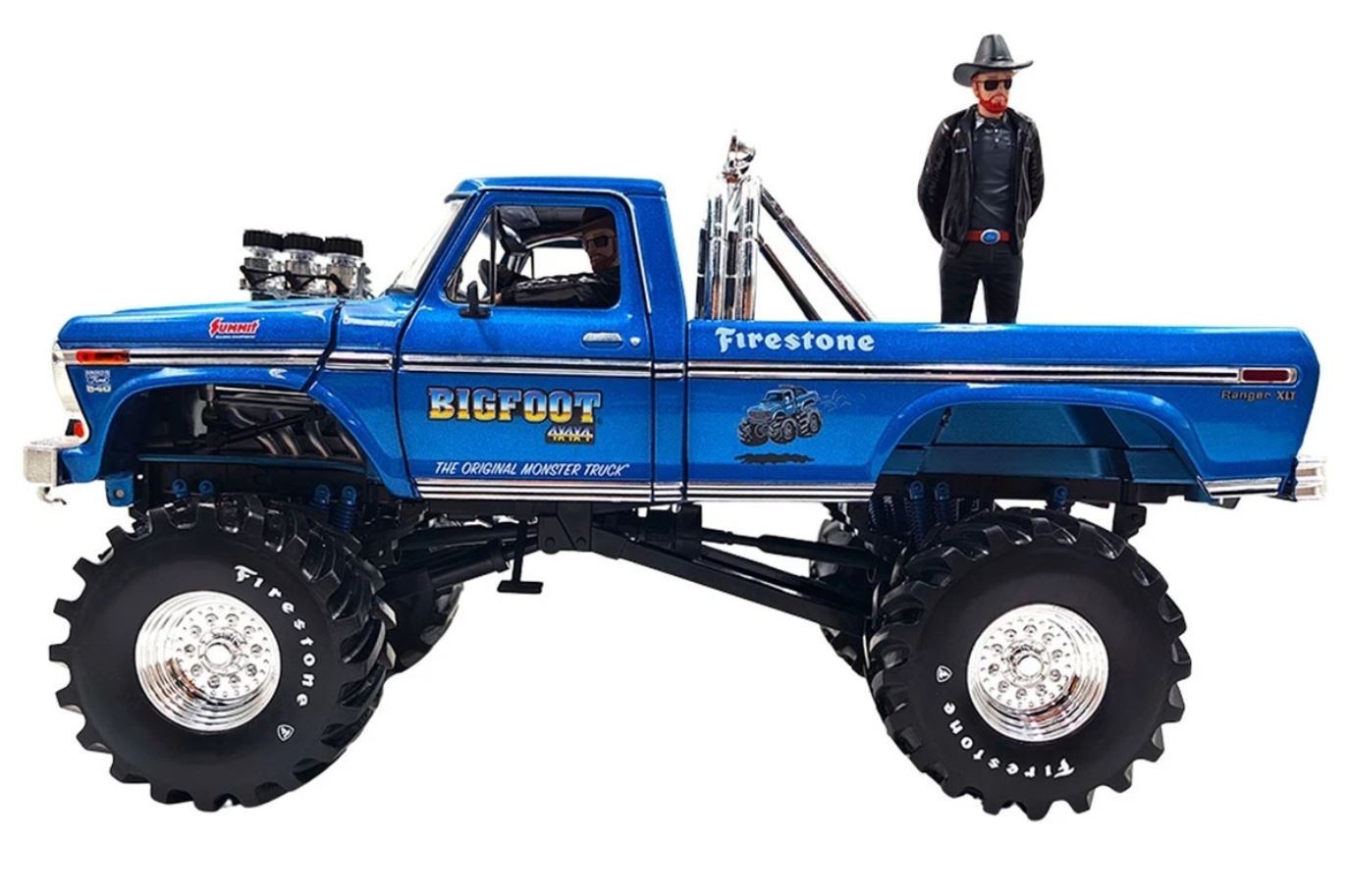 1974 FORD F-250 48″ TIRE MONSTER TRUCK W/ BOB CHANDLER FIGURES BLUE 1:18 SCALE