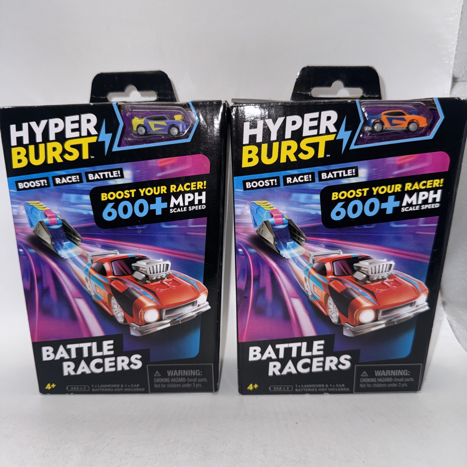Hyper Burst Battle Racers Orange Purple Storm Car and Launcher Lot Set 2X Micro