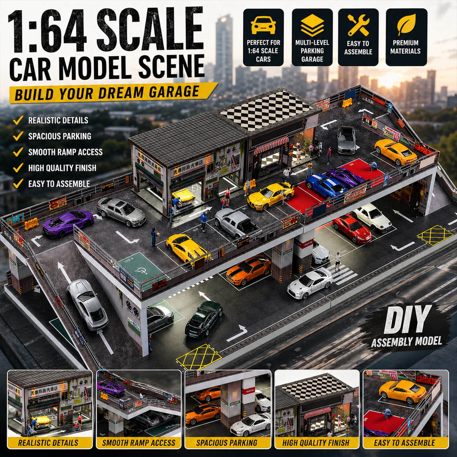 1/64 Diorama Diecast Car Garage Model Multi-Layer Car Parking Lots Display Scene
