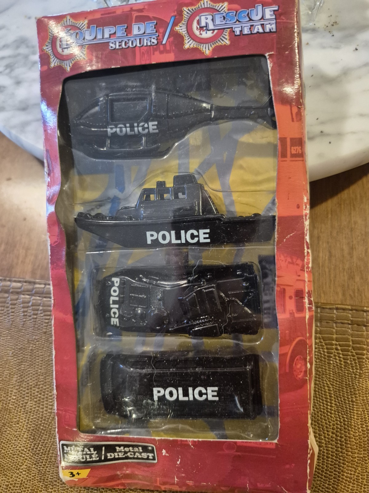 Kai Jal 4 Piece diecast rescue set.new In Box. Police fire boat helicopter.