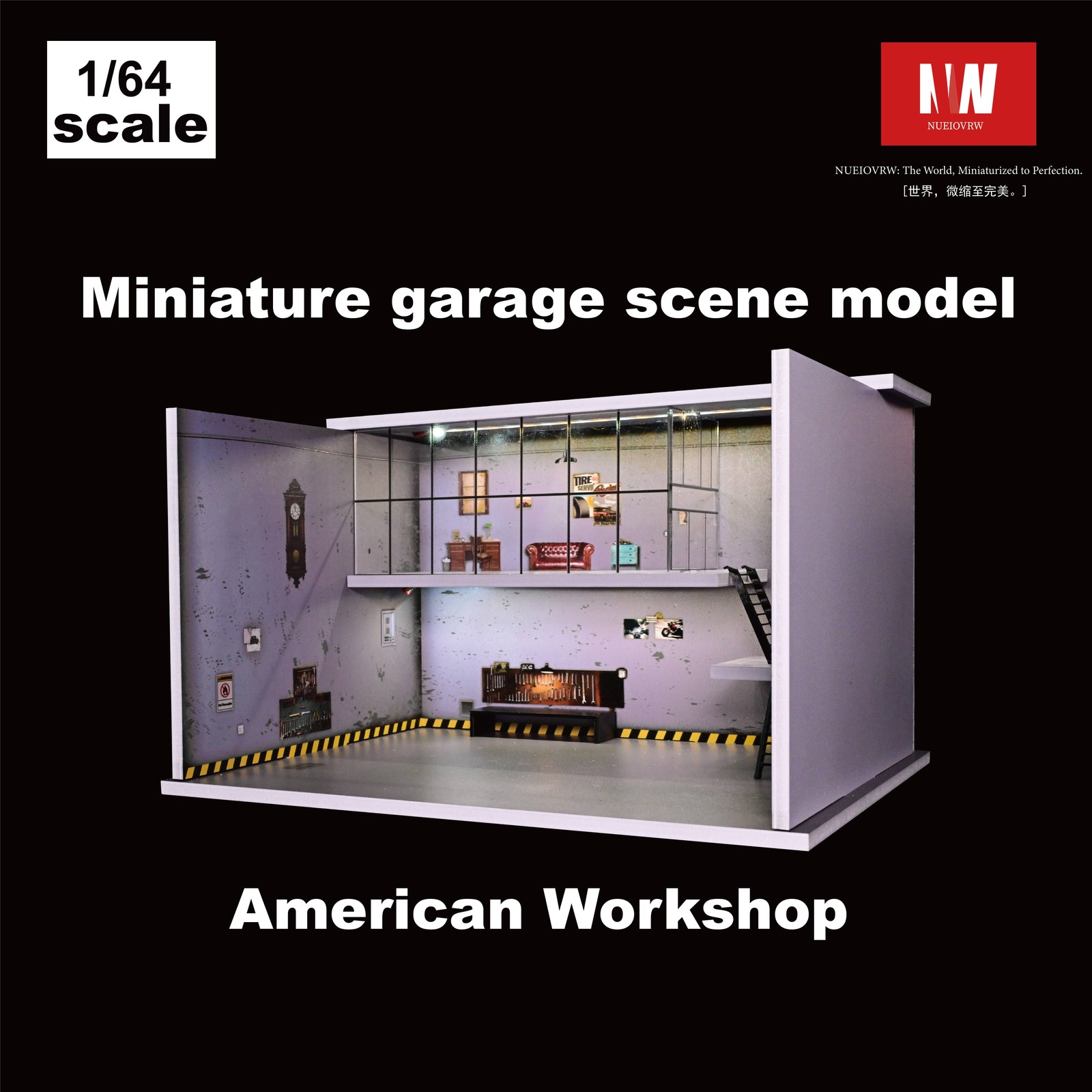 1:64 Diorama Die-Cast Car Garage Model LED Car Display Repair Workshop Scene Toy