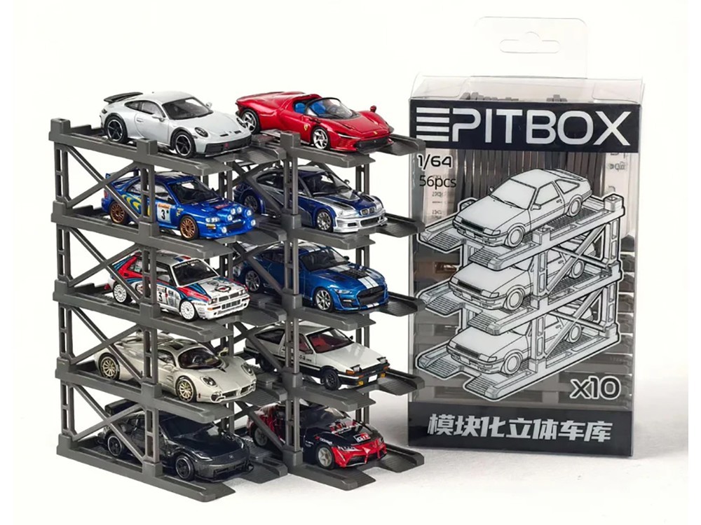 MODULAR DIECAST 3D PARKING RACK DISPLAY STAND 10 RACK SET 1/64 BY PITBOX 720008