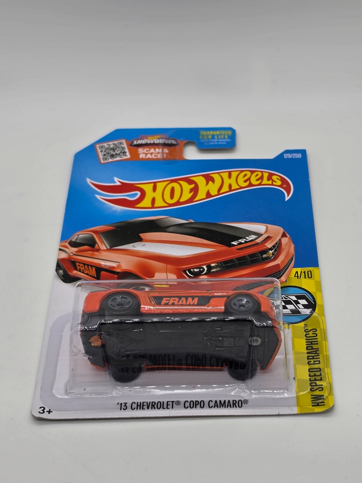 Hot Wheels ’13 Chevrolet COPO Camaro FRAM Orange Speed Graphics 4/10 Sealed