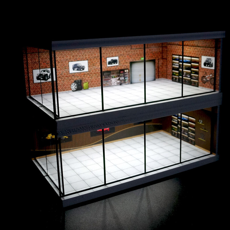 1:64 Diorama Car Showroom Model LED Lighting City Car Garage Scene Display Model