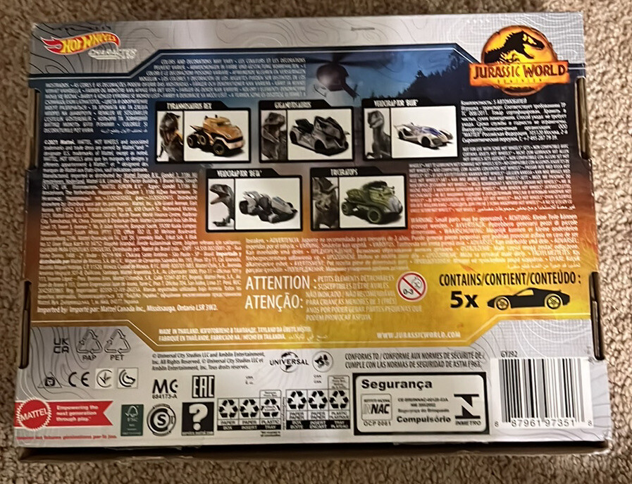 2022 NEW Hot Wheels Jurassic World Dominion Character Car 5 Pack Box Set