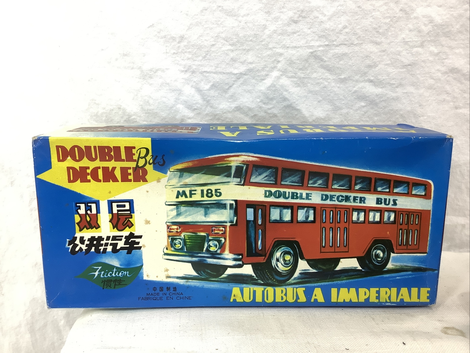Vintage Chinese Tinplate Friction Drive Double Decker Bus MF 185 – Red NOS