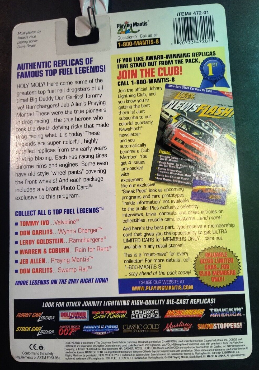 1998 JOHNNY LIGHTNING TOP FUEL LEGENDS Praying Mantis Jeb Allen Season 1974