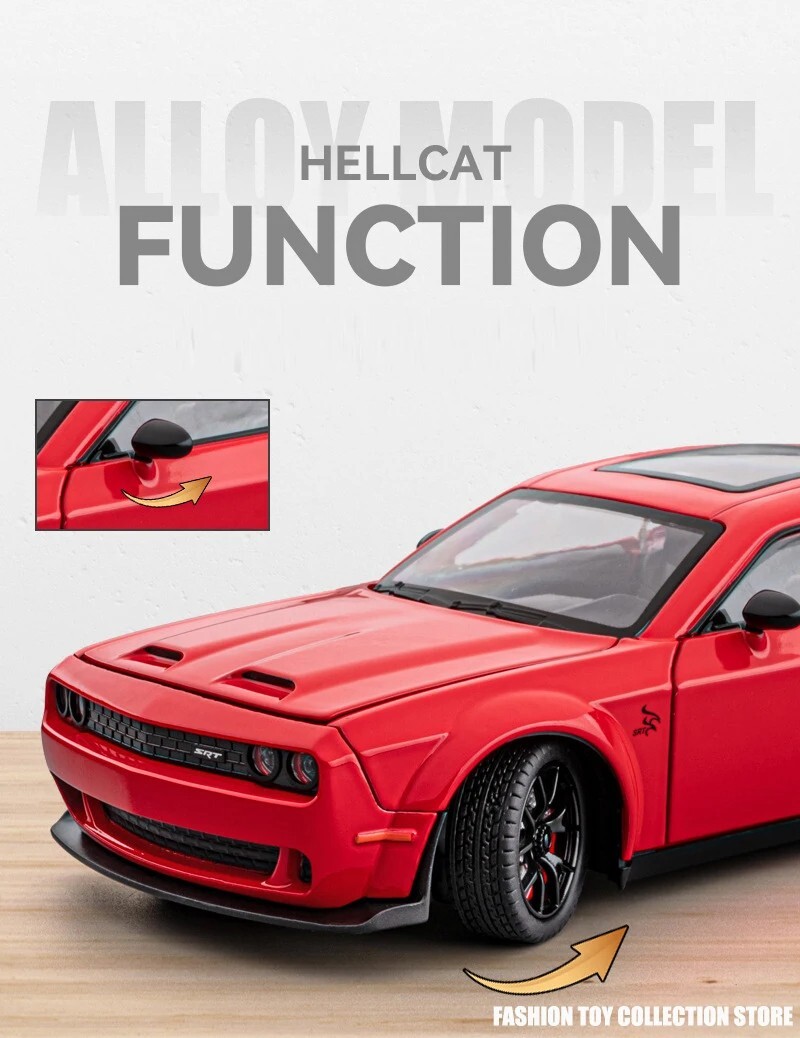 1:24 Dodge Challenger Hellcat Alloy Diecast Toy Car Model Sound Light Pull Back