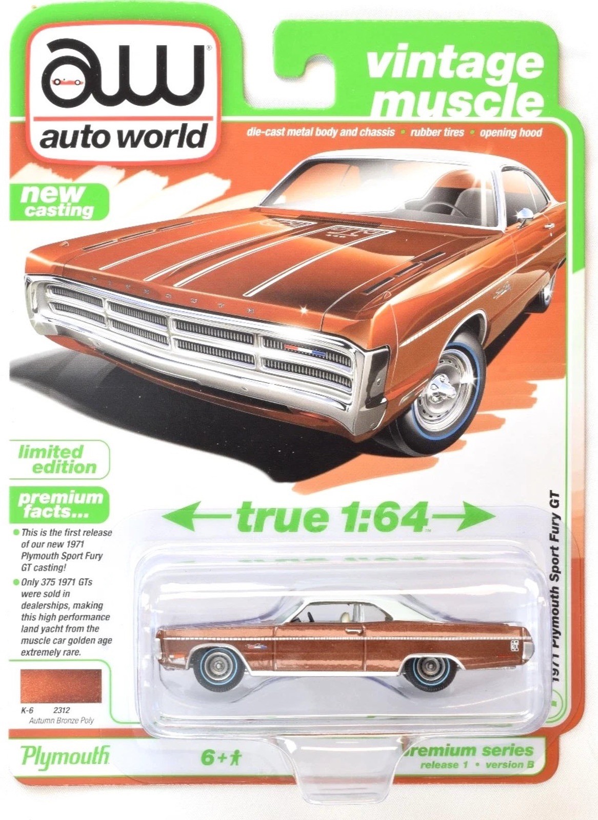 AUTO WORLD VINTAGE MUSCLE 1971 PLYMOUTH SPORT FURY GT REL 1 VER B AUTUMN BRONZE