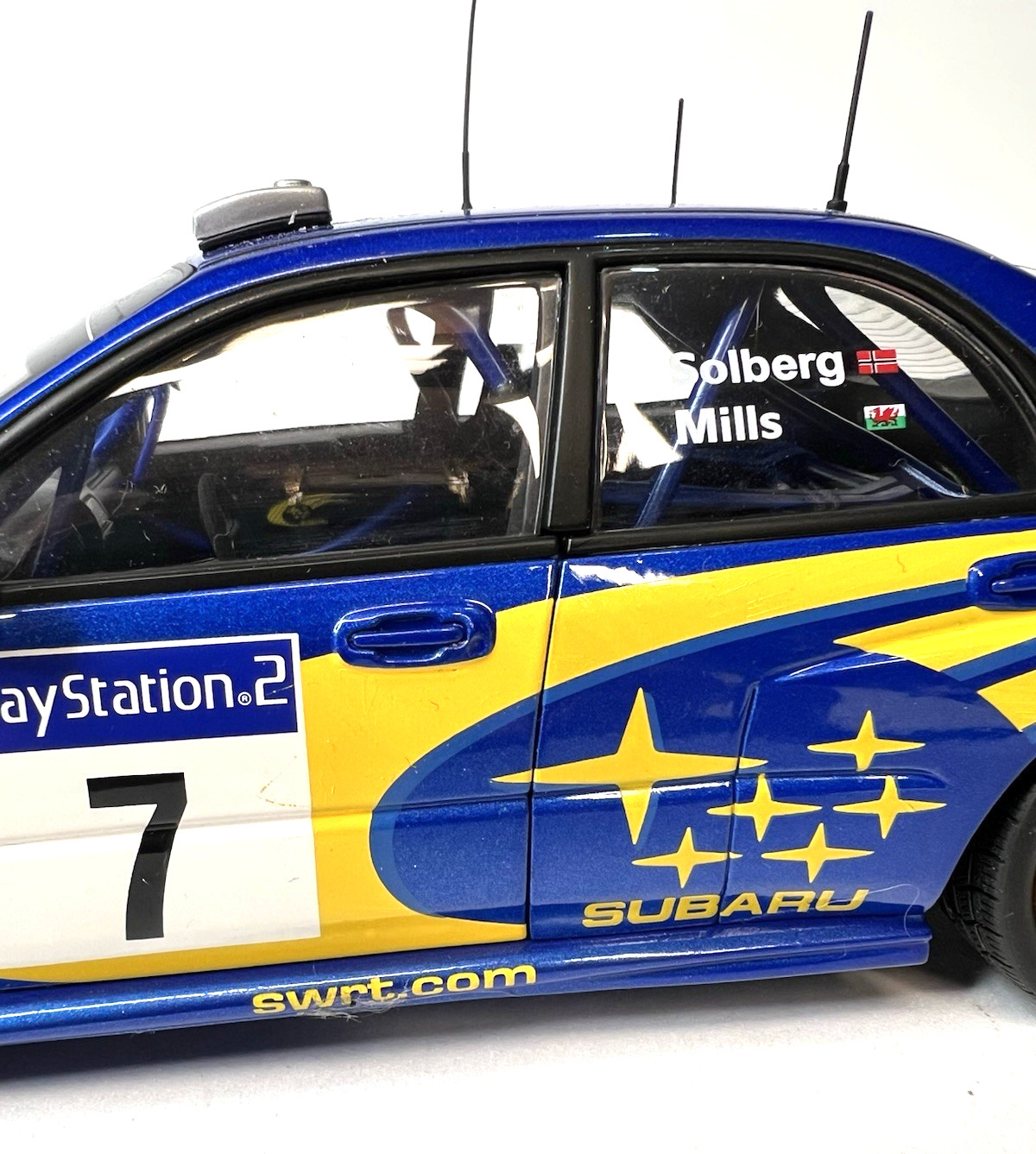 AutoArt Subaru Impreza WRX 1/18 Diecast Rally Car #7 Solberg Mills Case Display