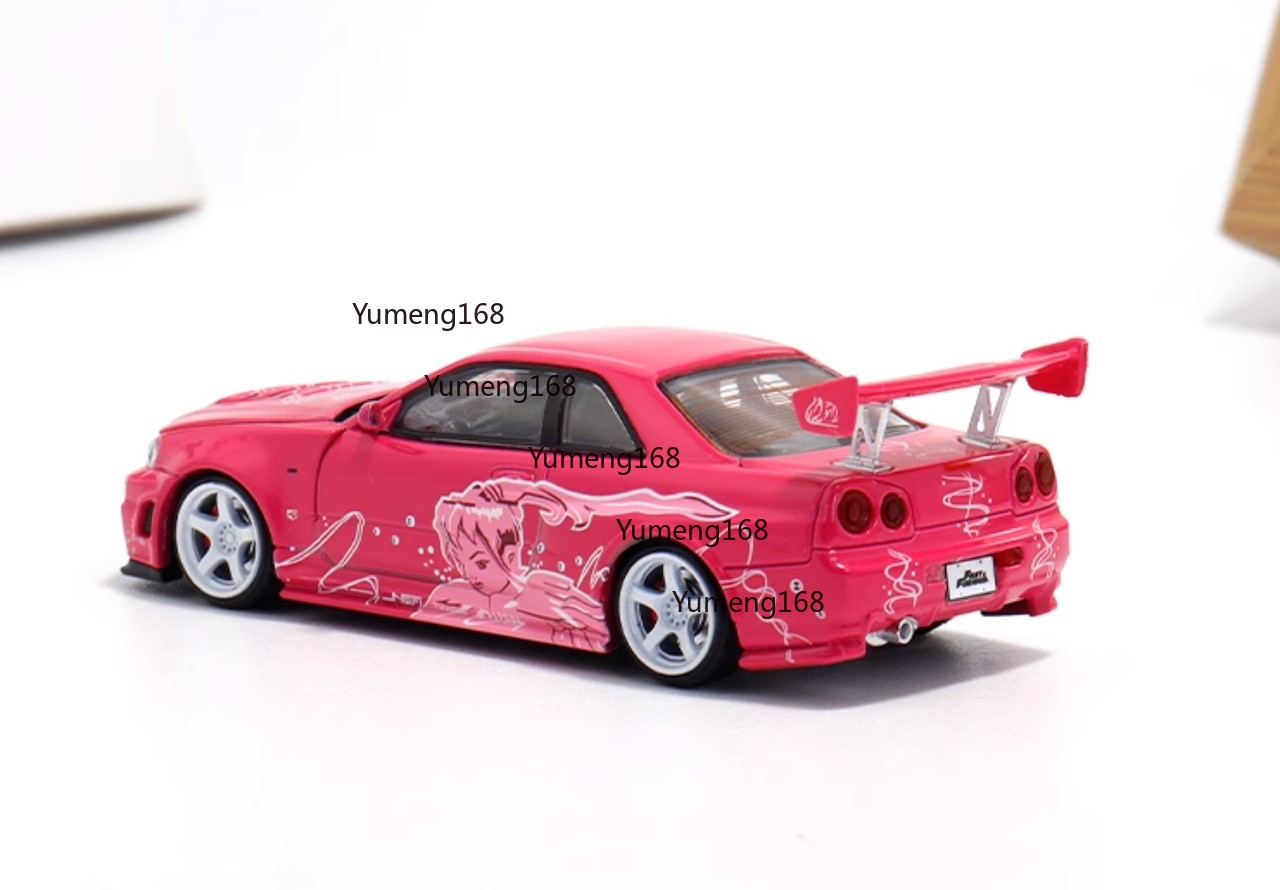 TM 1:64 JDM Pink Skyline GTR R34 Racing Sports Model Diecast Metal Car