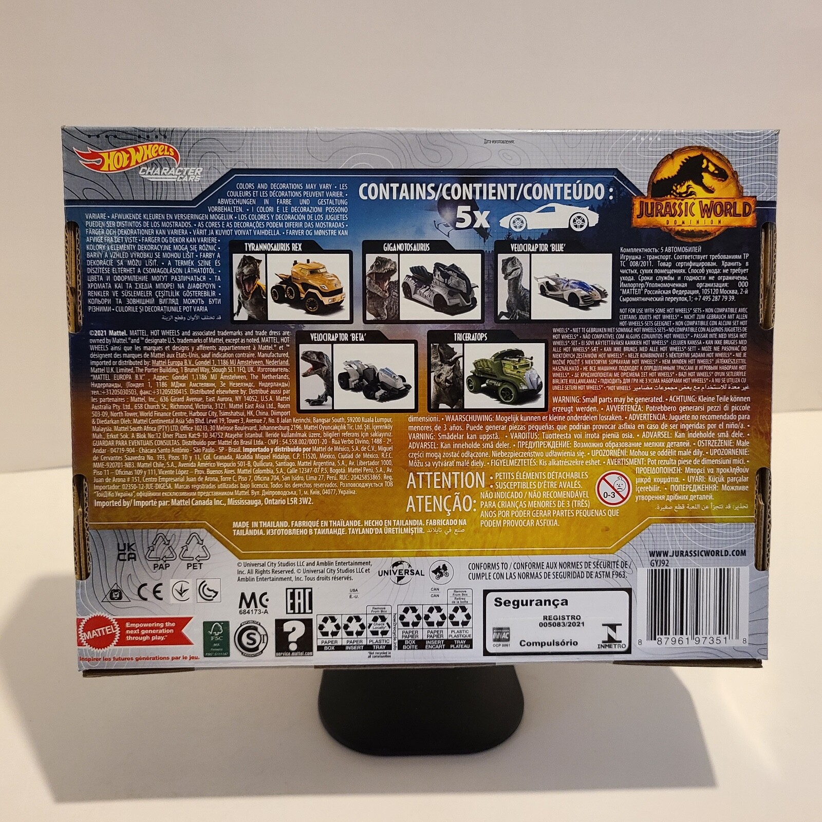 Hot Wheels Jurassic World Dominion Toy Character Cars 5-Pack in 1:64 Scale.