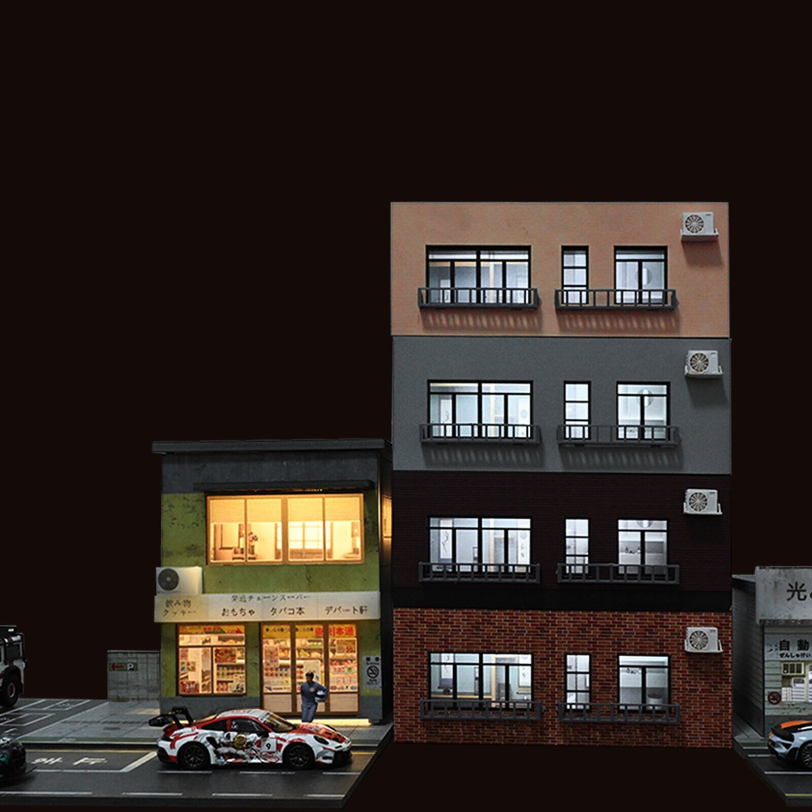 Diorama 1/64 Car Garage Model Lighting City Street Shop Parking Lot Scene Model