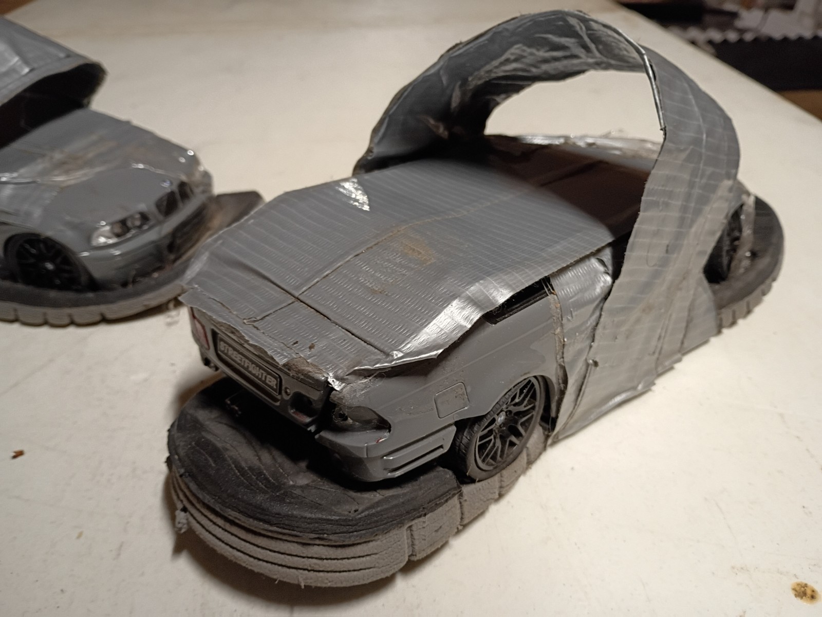 pair of Solido 2000 BMW E46 M3 Grey 1:18 flip flops crushed cars