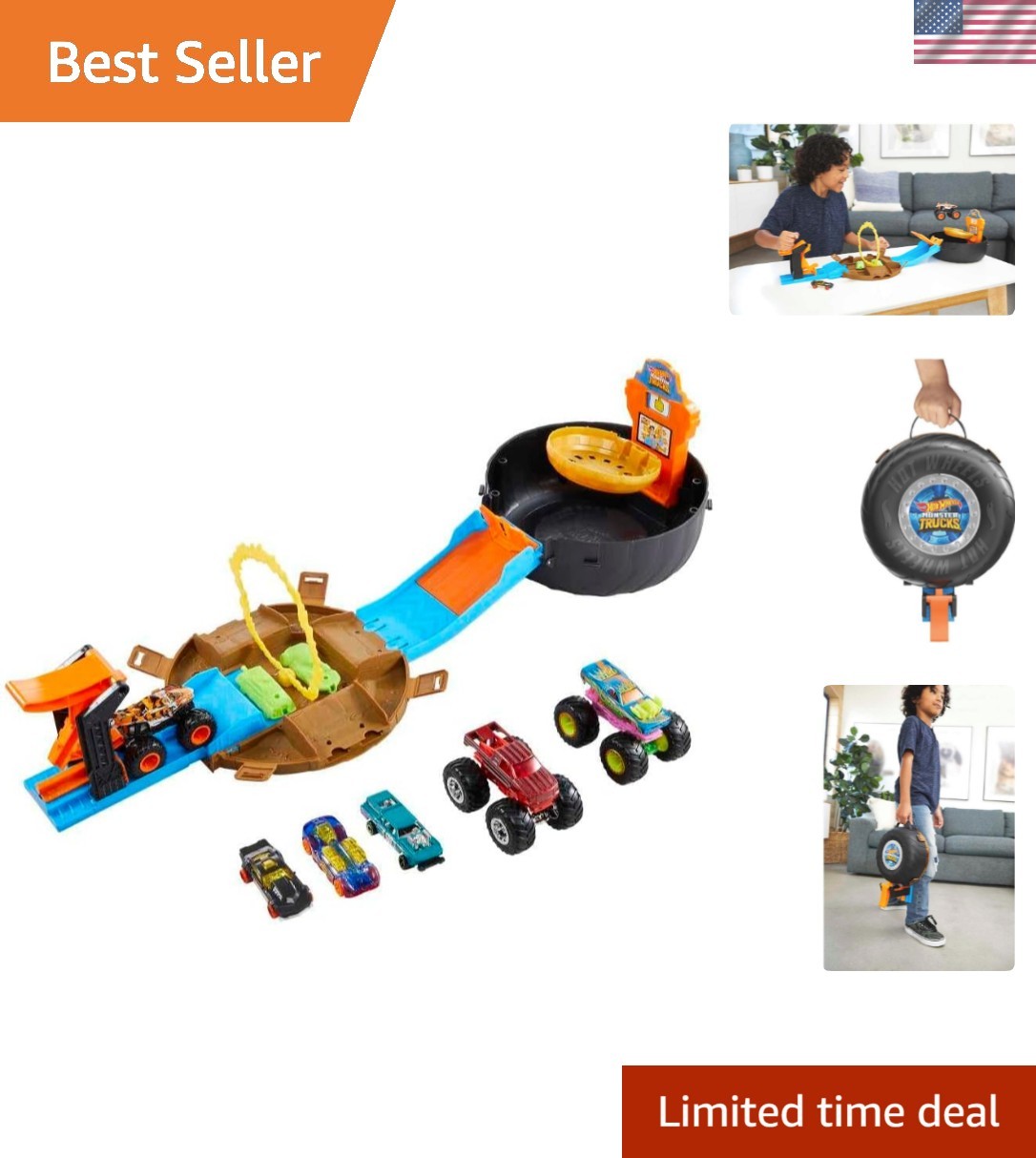Hot Wheels Monster Trucks Stunt Tire Playset, Includes 3 Hot Wheels Monster T…