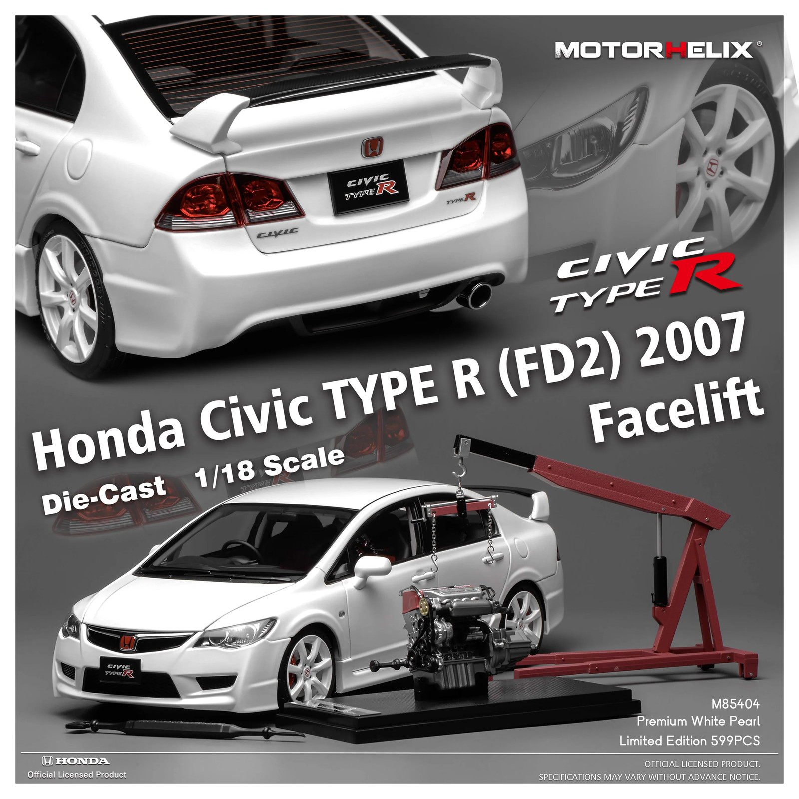 MOTORHELIX 1:18 Honda Civic Type R (FD2) 2007 Facelift Premium White Pearl