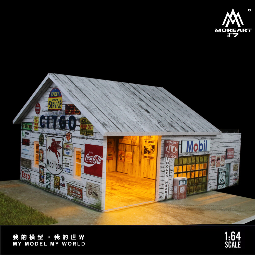 Diorama 1/64 Car Garage Model LED Lighting Old Factory Scene Display Case Toy US