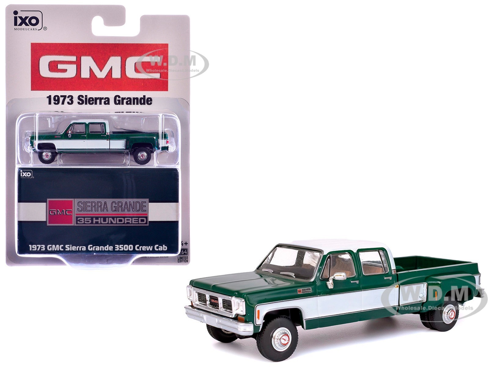 1973 GMC SIERRA GRANDE 3500 DUALLY PICKUP GREEN & WHITE 1/64 BY IXO IA64006