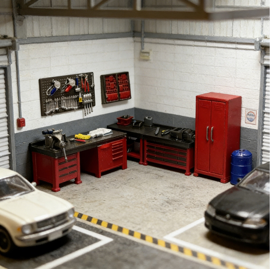 US Diorama 1/64 Car Garage Model Repair Workshop Tuning Scene Tools Accessories