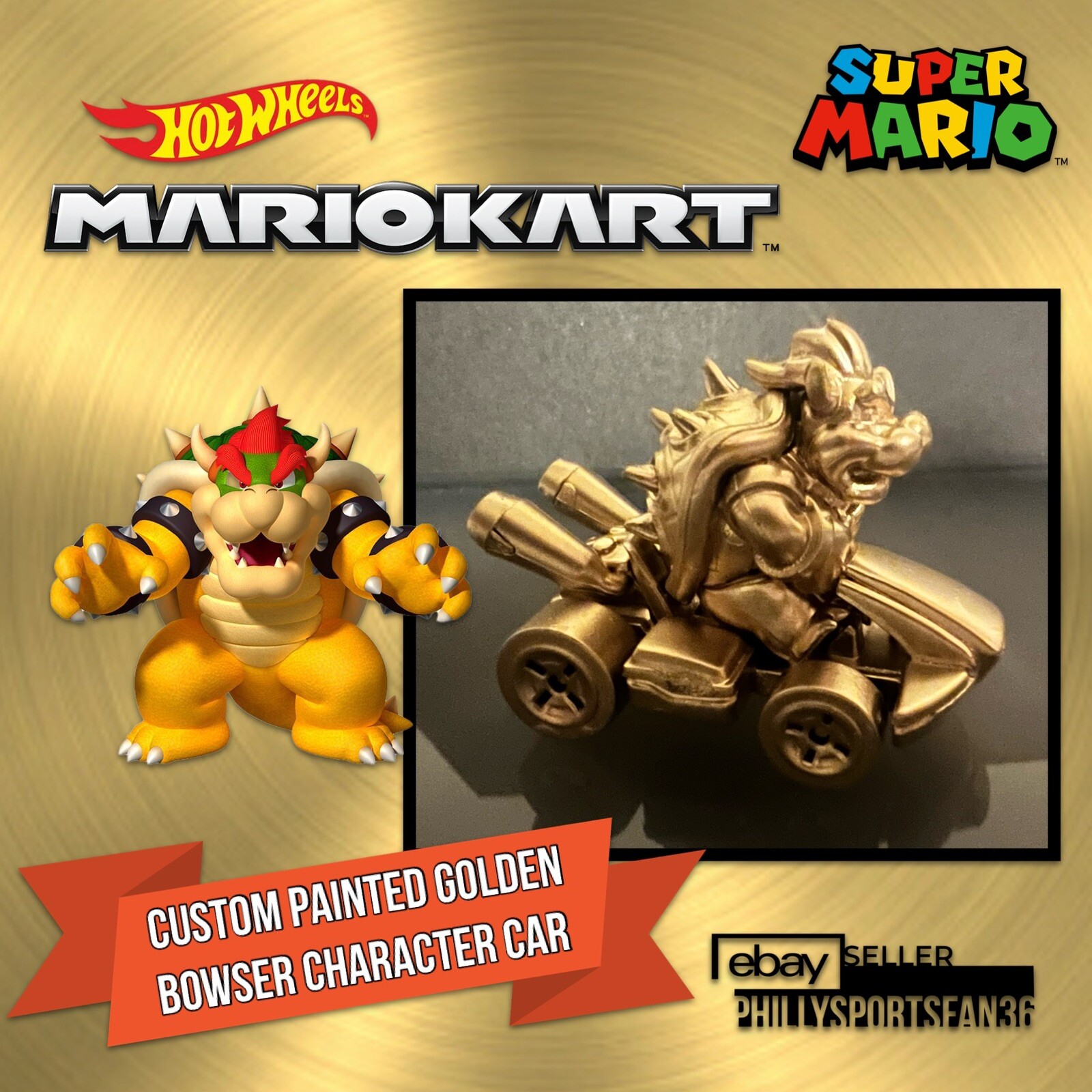BOWSER STANDARD KART Hot Wheels Mario Kart 2022 TOTY Mattel Custom GOLD PAINTED