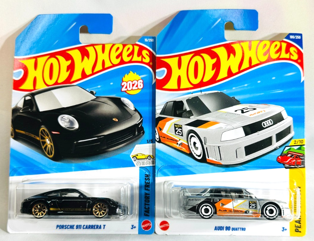 Lot of 2 – Hot Wheels 2026 – Porsche 911 Carrera & Audi 90 Quattro – Int’L Cards